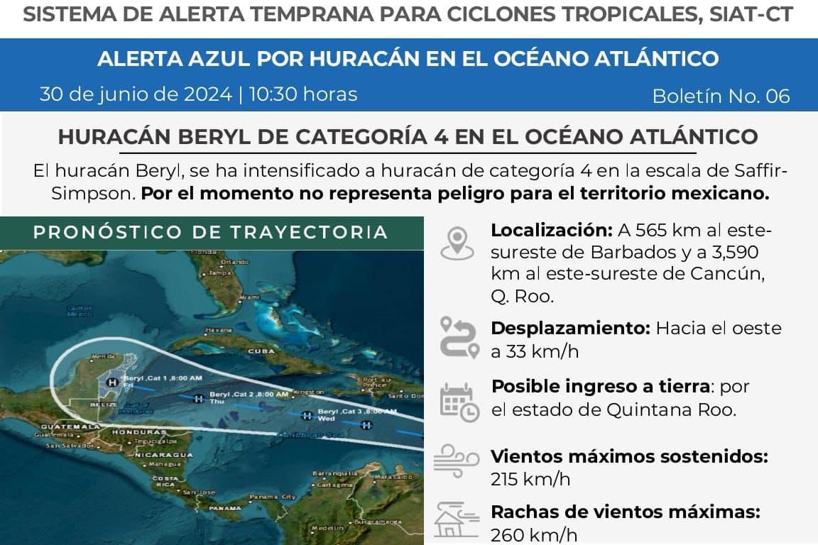 Quintana Roo en Alerta Azul por acercamiento del huracán Beryl